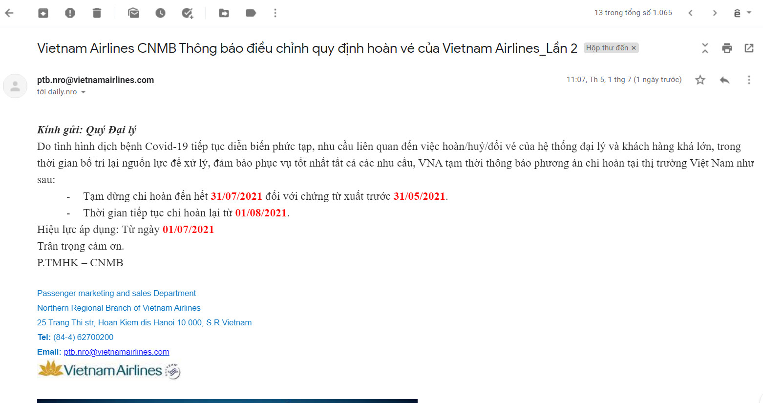 Hãng Vietnam Airlines tạm ngừng hoàn vé trong tháng 7